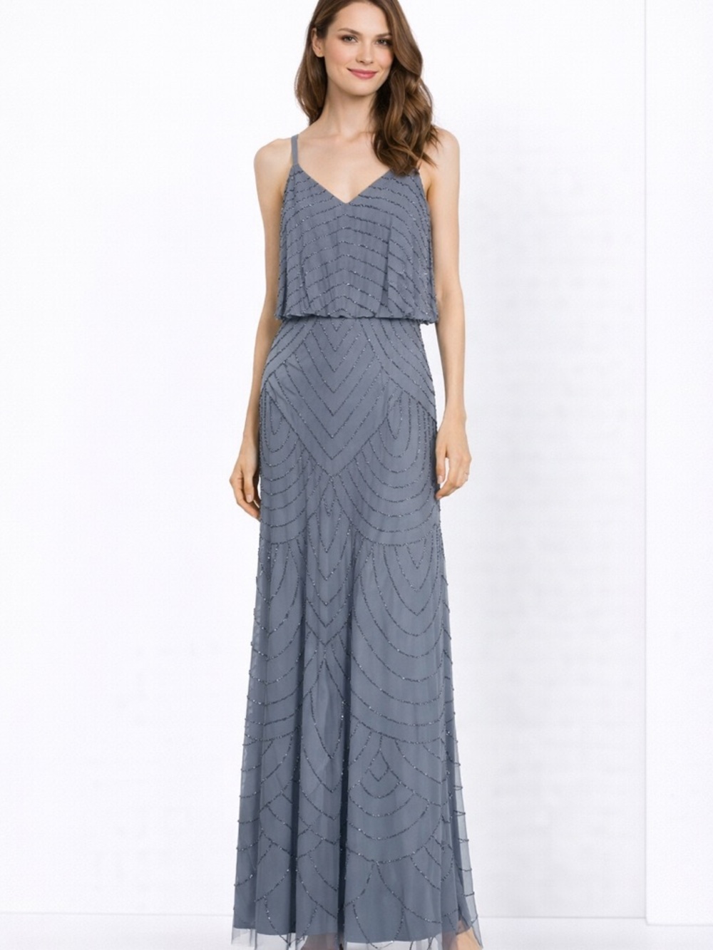 Adrianna Papell Slate Blue Beaded Gown Size 6 NWT Formal Evening Dress GALA MOB
